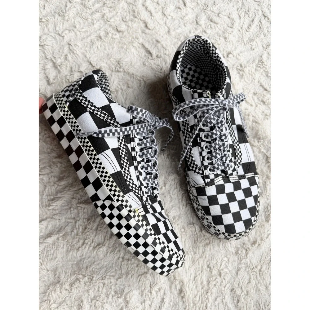 Vans Old Skool All Over Checkerboard Platform Sneakers Black True White 8 - Picture 1 of 11